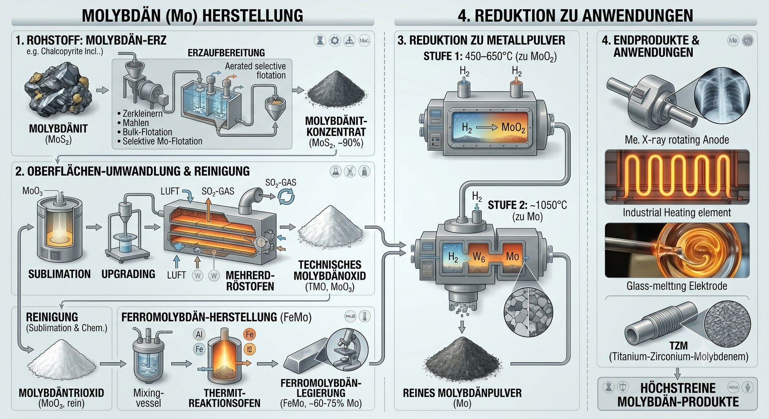 Schema der Molybdän-Herstellung vom Erz bis zum Endprodukt