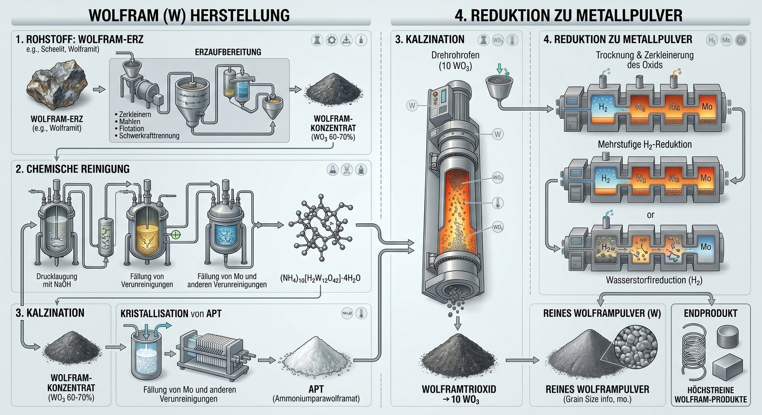 Schema der Wolfram-Herstellung vom Erz bis zum Metallpulver